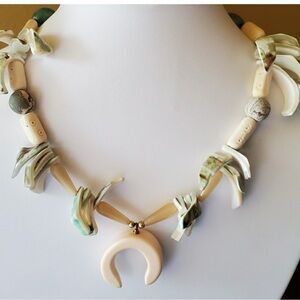 SQUASH Blossom made of Jasper, quartz, abalone & hand-stamped beads. 18’ inches